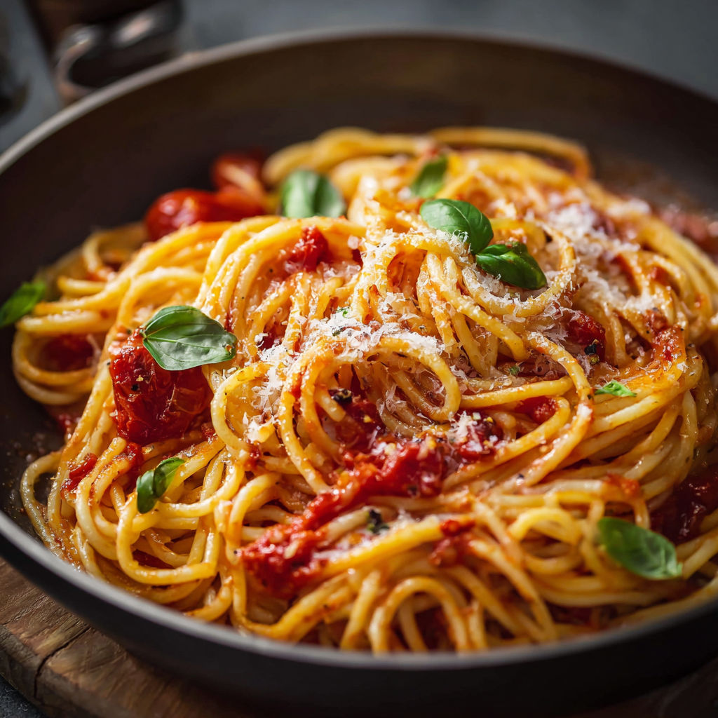 Spaghetti topped with tomatoes and fresh basil leaves.