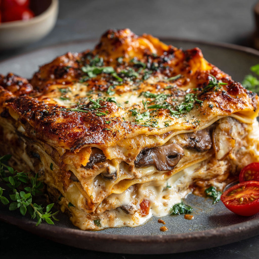 A close-up of creamy lasagna on a white plate.