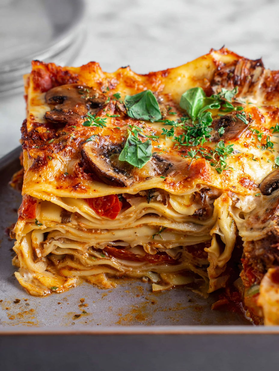 A slice of lasagna with mushrooms and spinach.