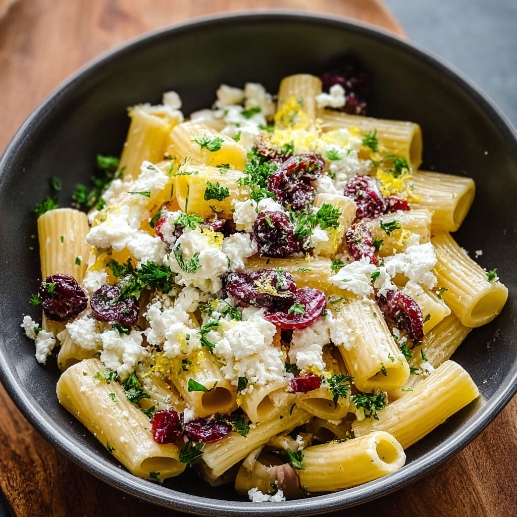 A bowl of pasta mixed with feta and cranberries.