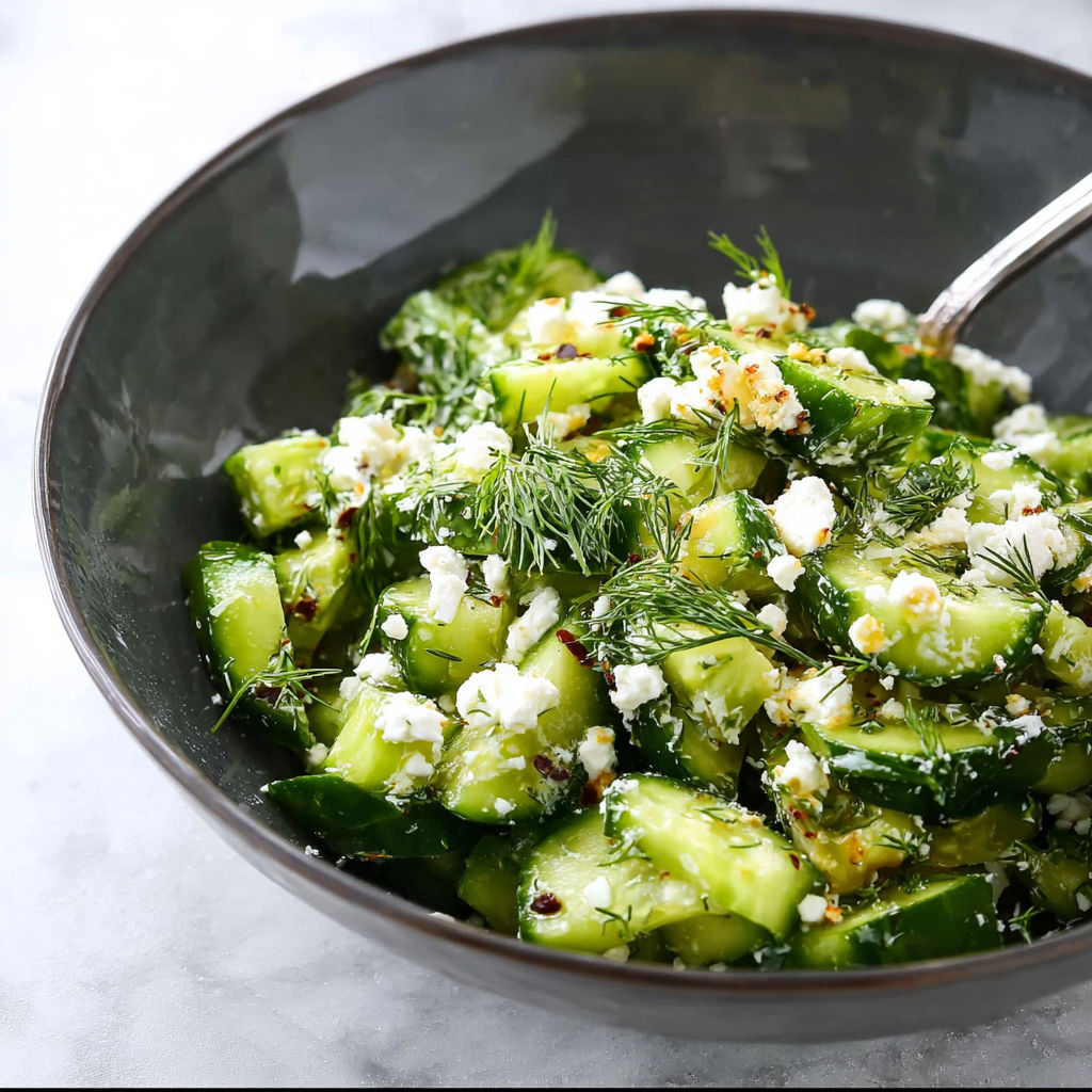 A colorful smashed cucumber salad topped with dill and feta.