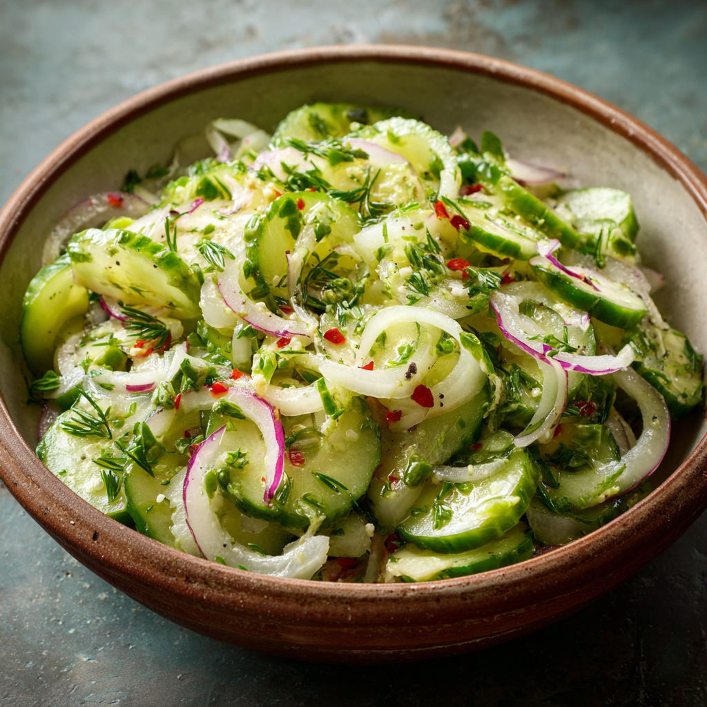 A bowl full of fresh cucumber salad with red onions.