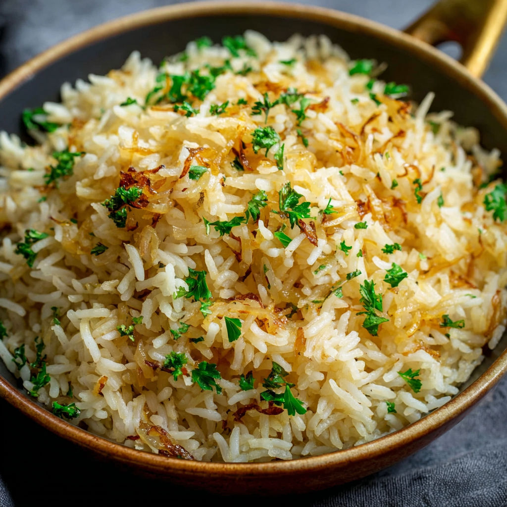 A bowl of golden rice topped with fresh herbs.