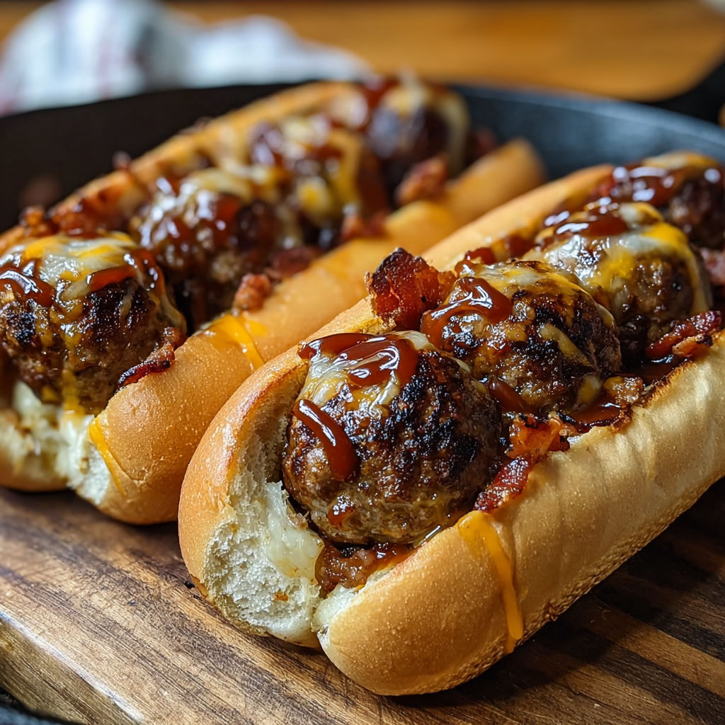 Hot sandwiches stuffed with meatballs, bacon, and cheese.