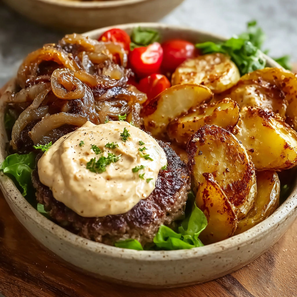 A bowl of food featuring a loaded burger and onion aioli.