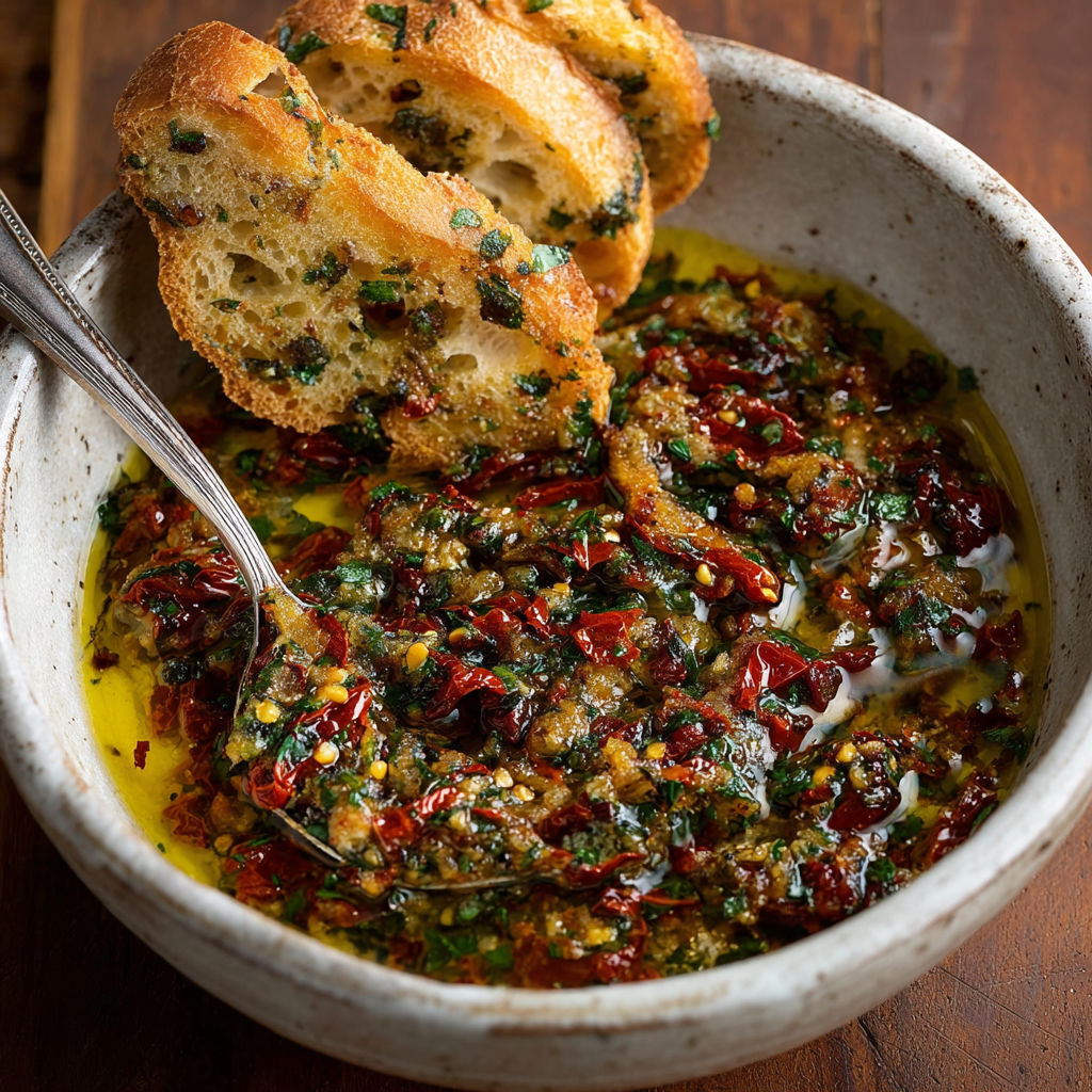 A dish of tomato olive oil dip with bread.
