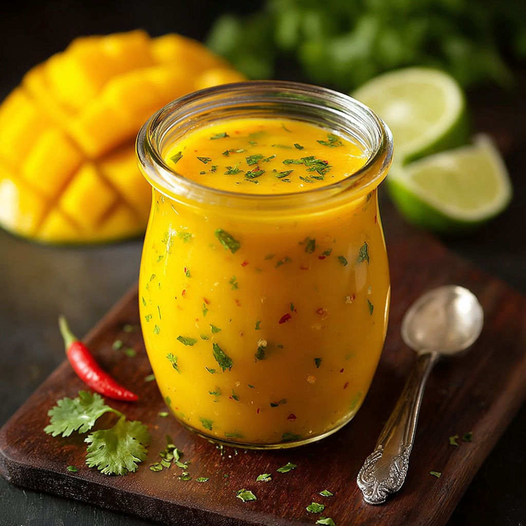 Jar of mango dressing with a spicy kick.
