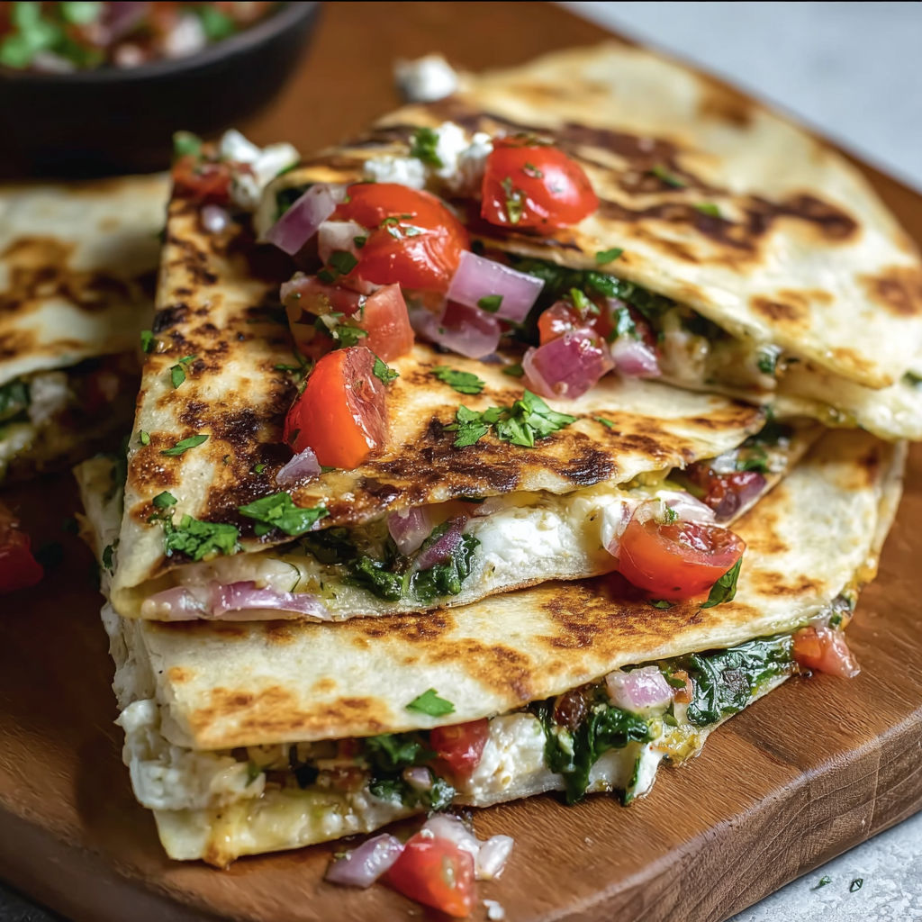 Crispy Mediterranean quesadillas packed with spinach, feta, mozzarella, and onion.