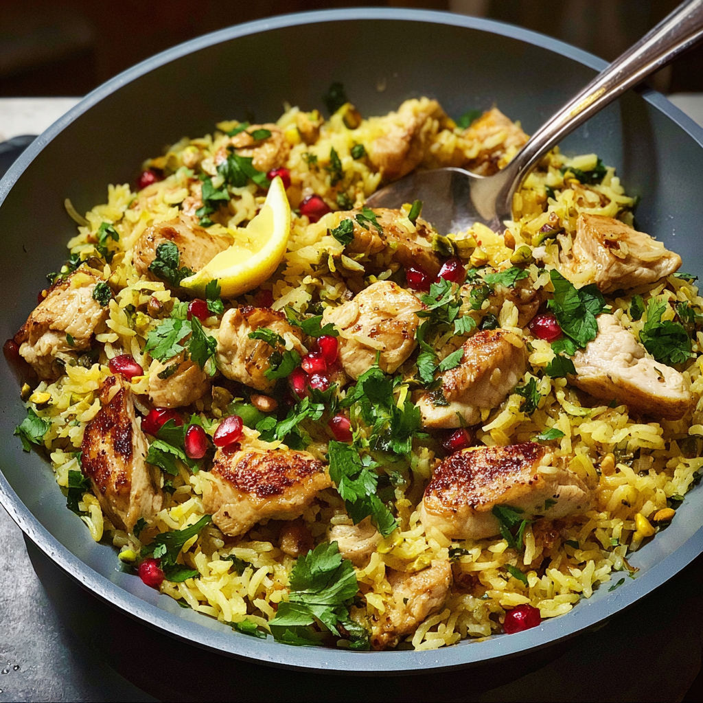 A bowl of fluffy chicken pilaf inspired by Persian cuisine.