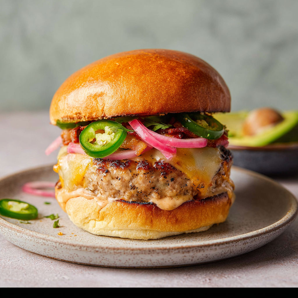 A juicy jalapeño turkey burger with all the toppings on a golden bun.