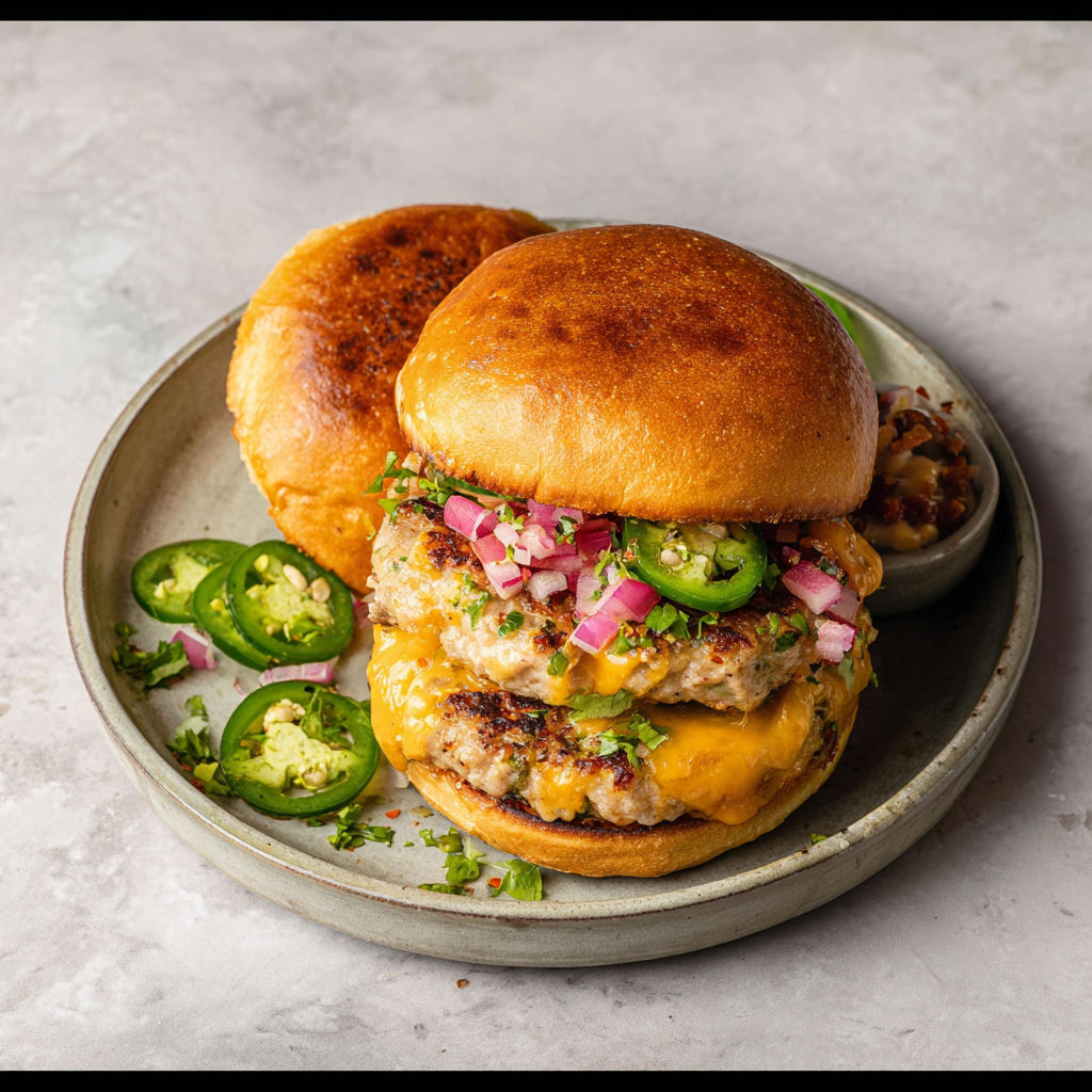 Two jalapeño turkey burgers on a plate.