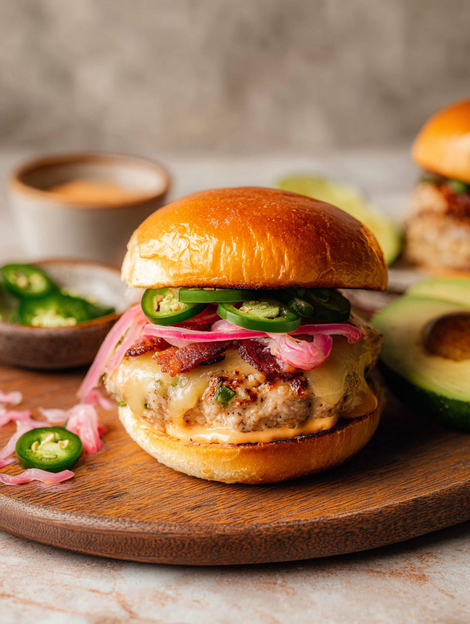Two jalapeño turkey burgers on a wooden tray.