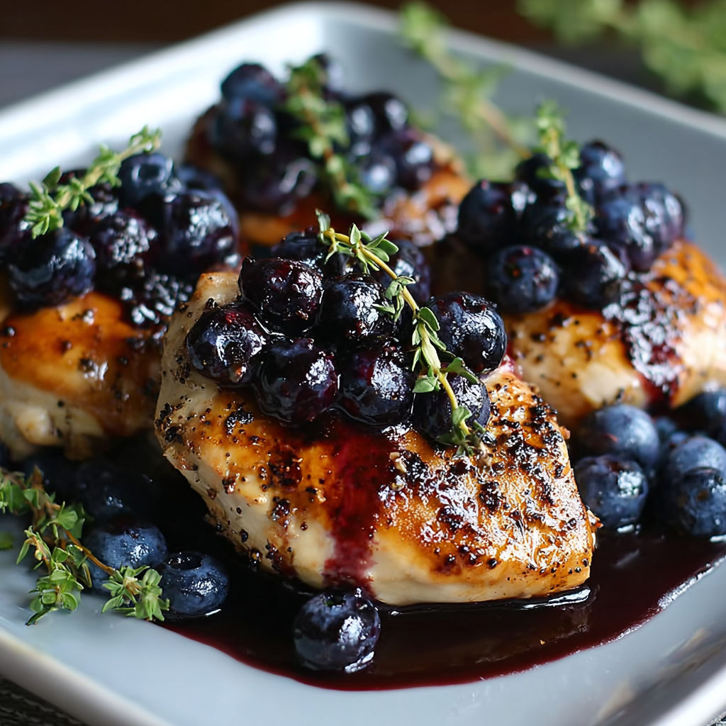 Chicken served with blueberries and fresh thyme on a plate.