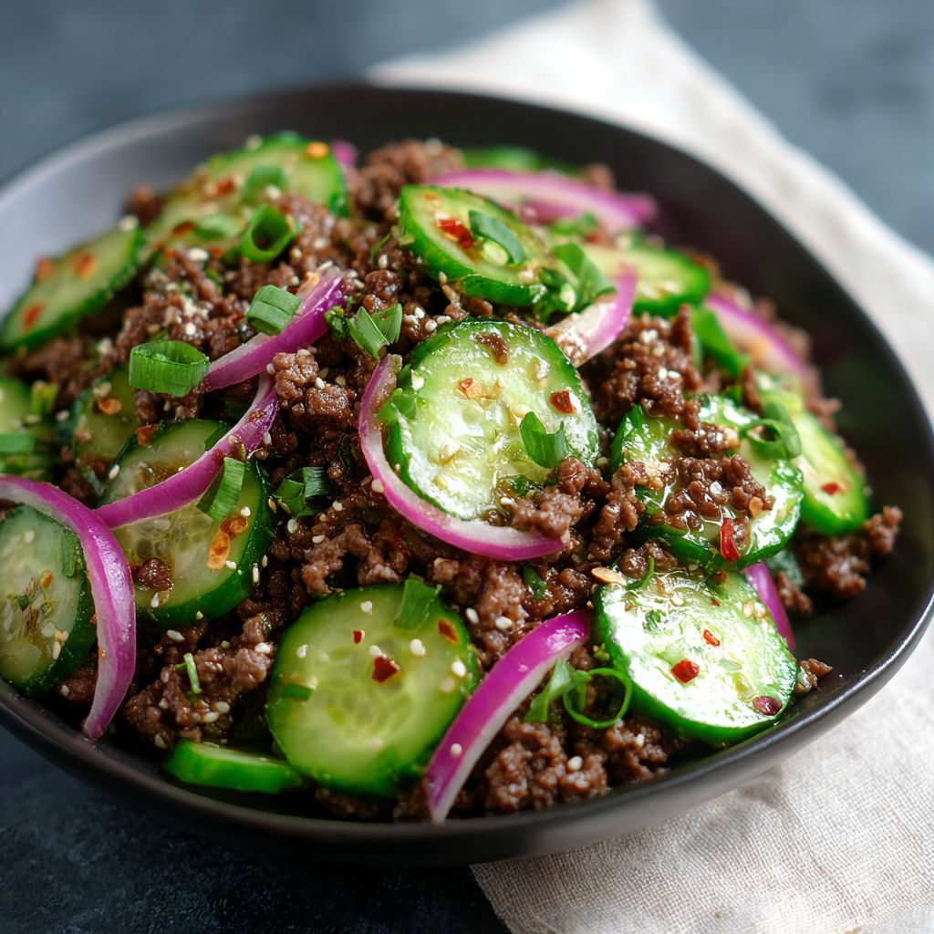 A tasty bowl of spicy Korean ground beef with a cucumber salad.