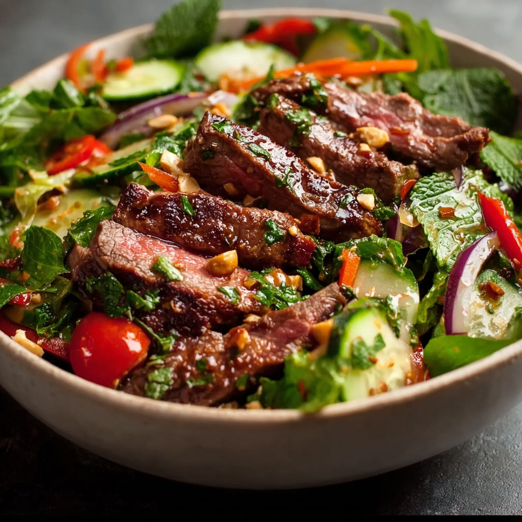 A vibrant bowl of Thai beef salad loaded with veggies.
