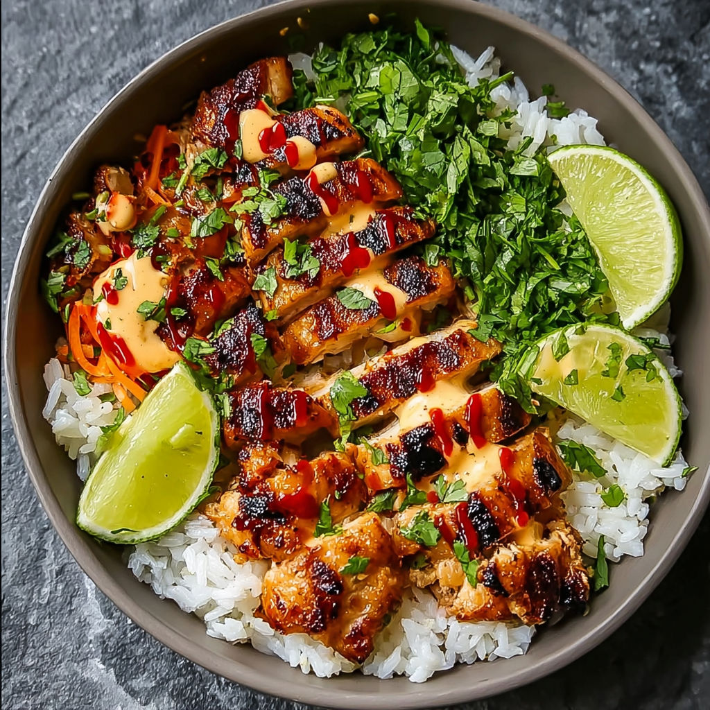 A close-up of Sweet Chili Chicken in a bowl with creamy coconut lime drizzle.
