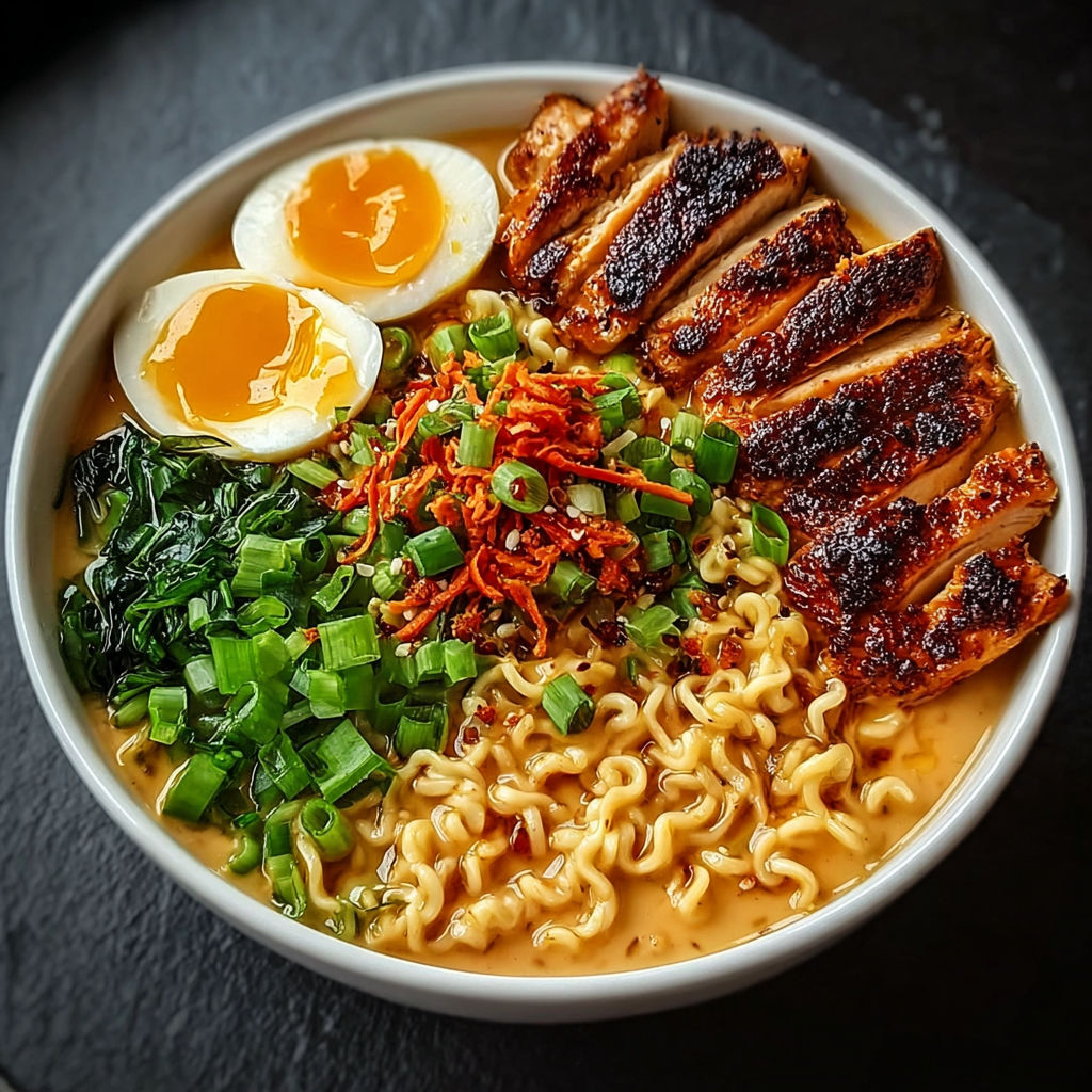 A steaming bowl of ramen topped with chicken, eggs, and colorful veggies.