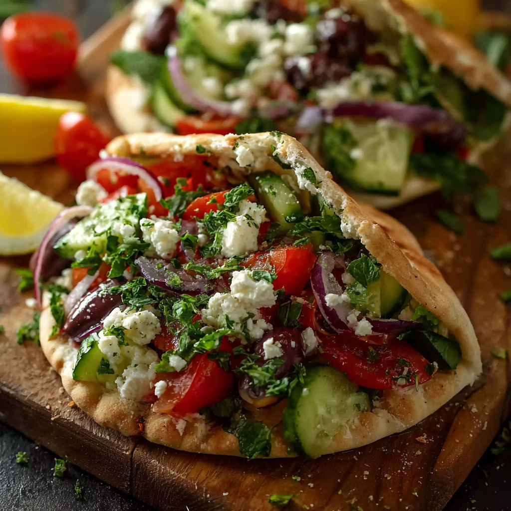 Stuffed pita pockets with bright veggies, olives, and creamy feta.