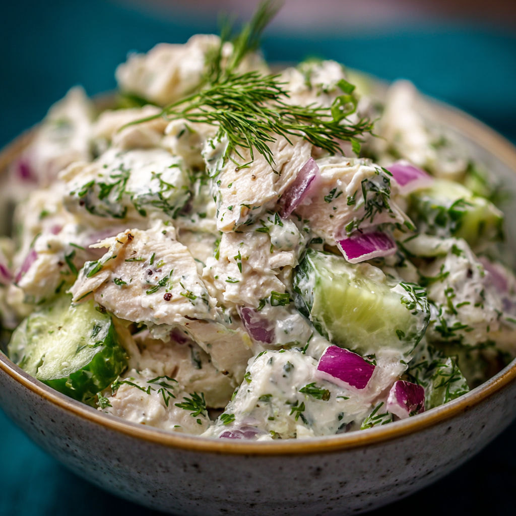 A bowl of fresh chicken salad with cucumbers and herbs.