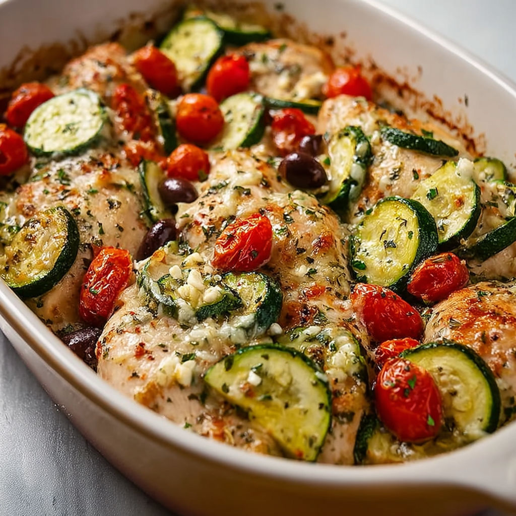 Baked chicken with zucchini and feta.