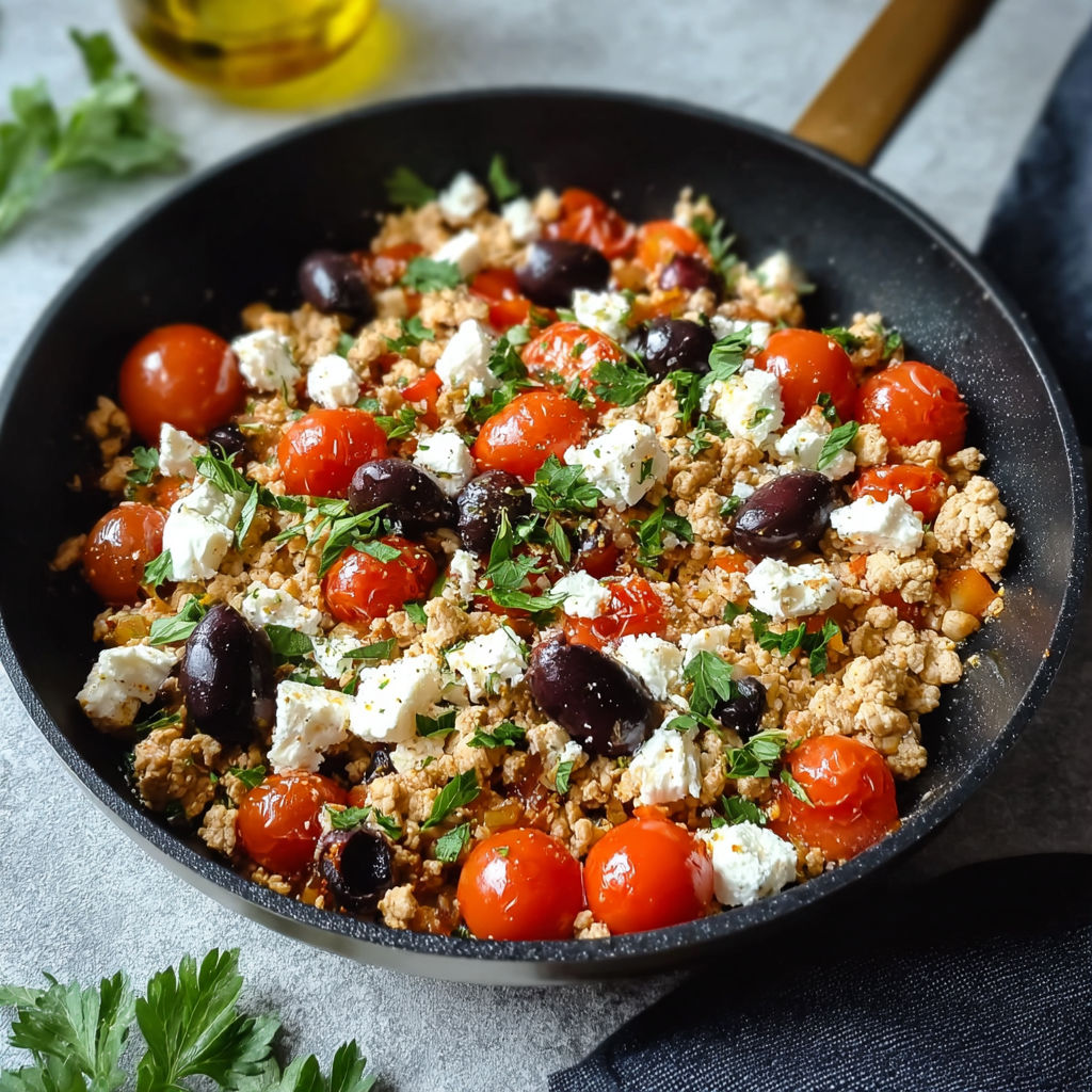 Skillet filled with ground chicken, olives, and melted feta.