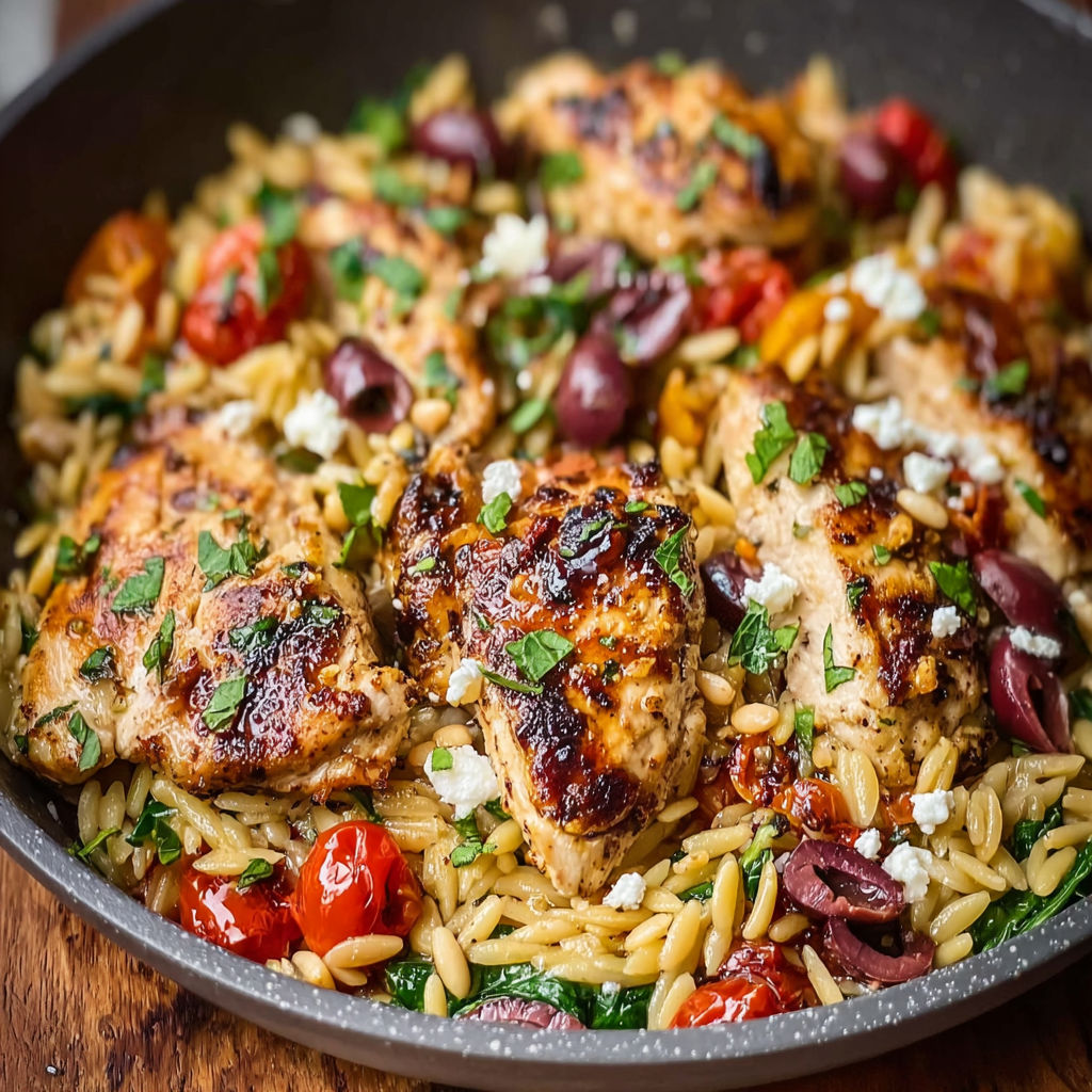 A flavorful plate of Mediterranean chicken with orzo pasta and veggies.