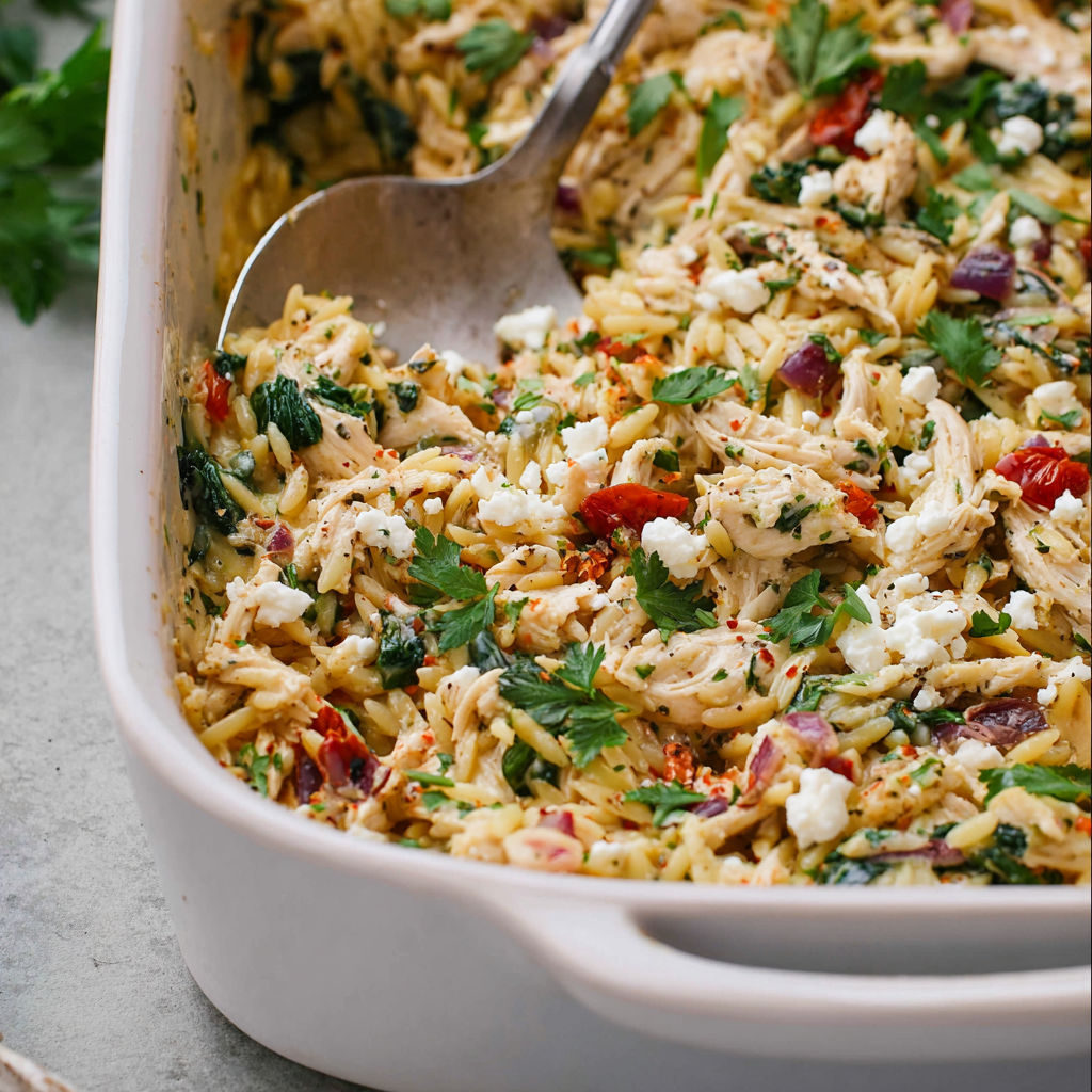 A white dish filled with golden-baked Greek chicken casserole.
