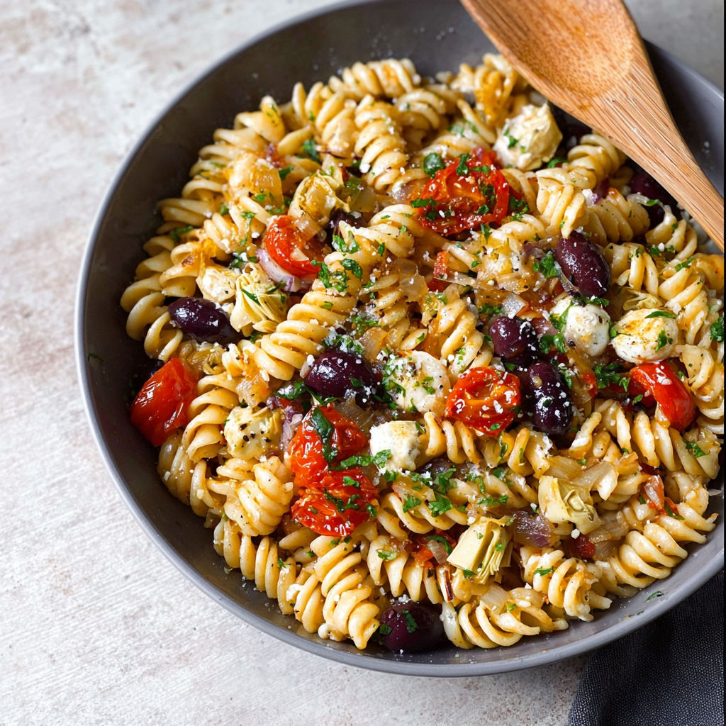 Pasta in a bowl with cheese, tomatoes, and olives.