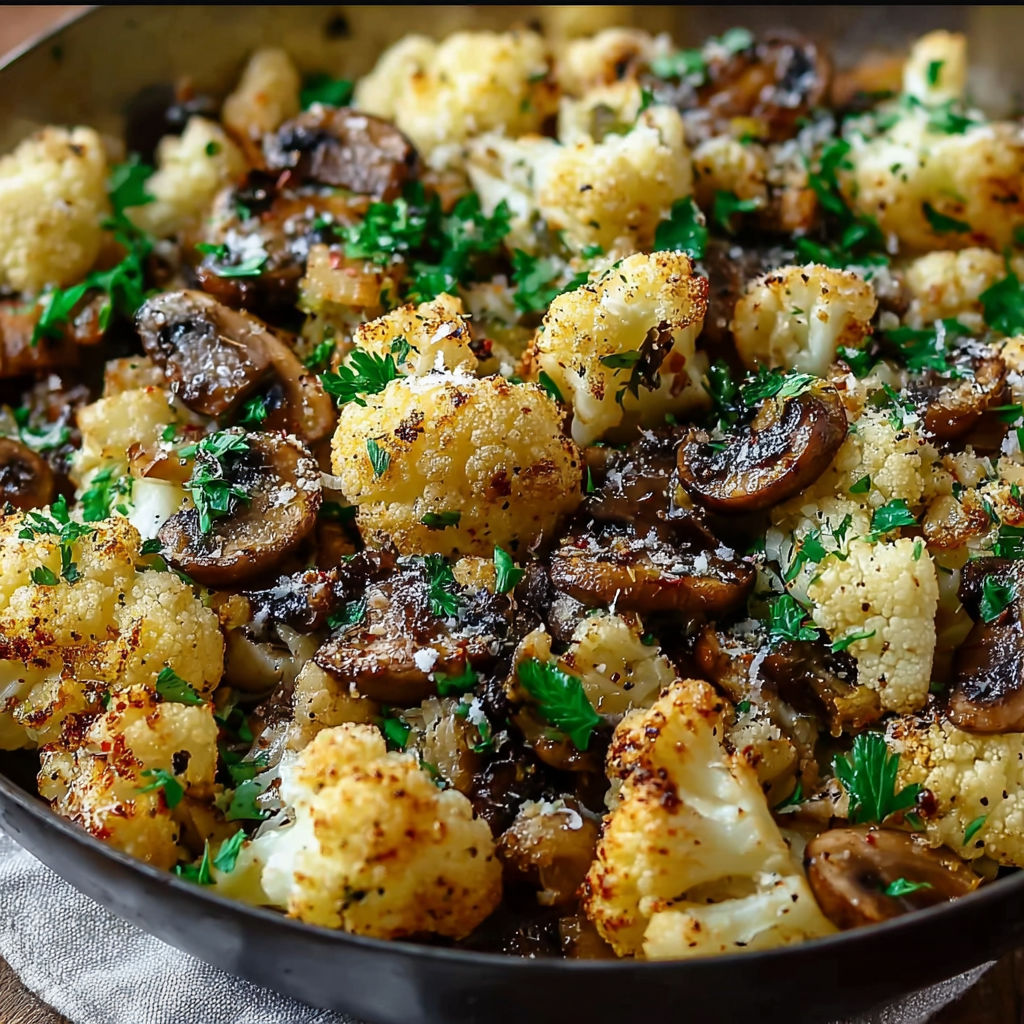A hot pan loaded with golden cauliflower, mushrooms, and garlic.