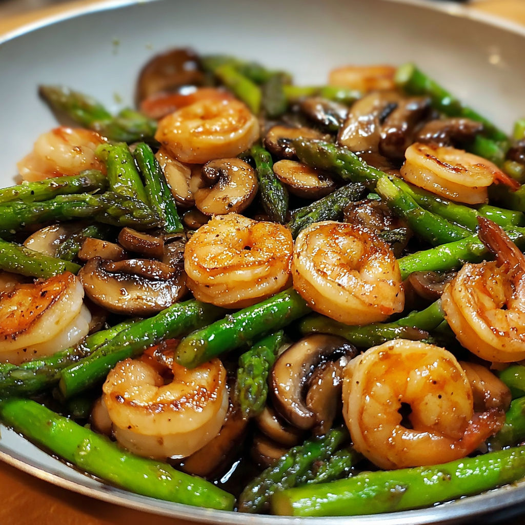 A colorful bowl of shrimp stir-fried with asparagus and mushrooms.