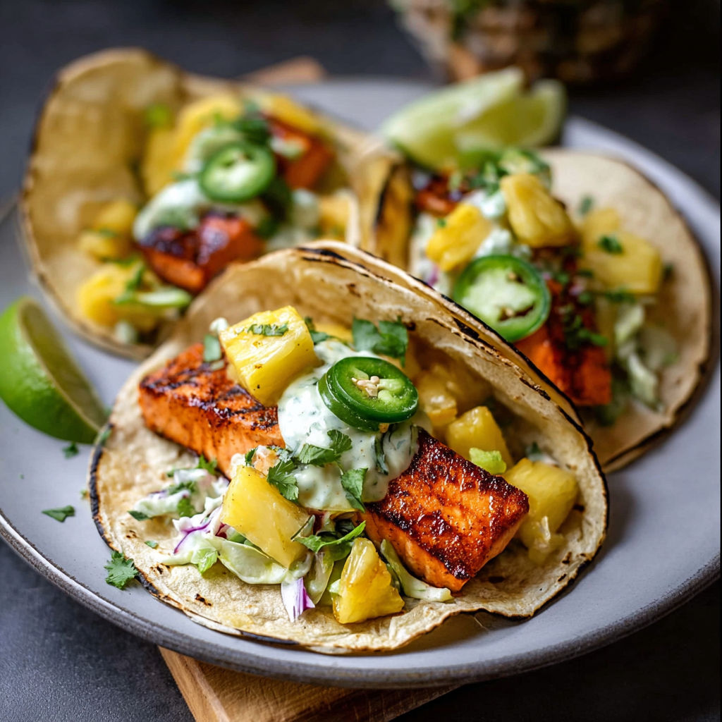 Two loaded tacos with glazed salmon and salsa.