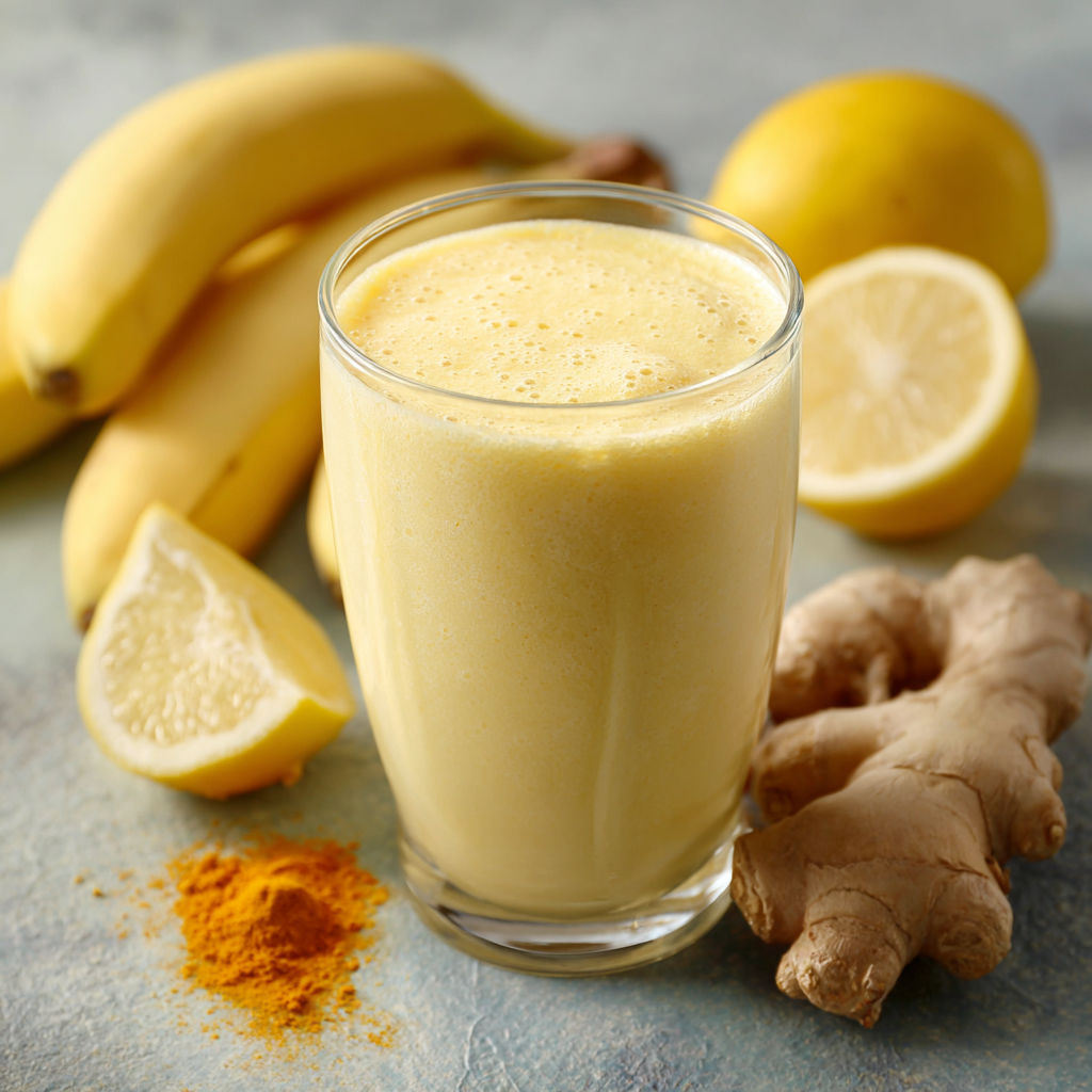 A refreshing drink made from banana, turmeric, lemon, and ginger.