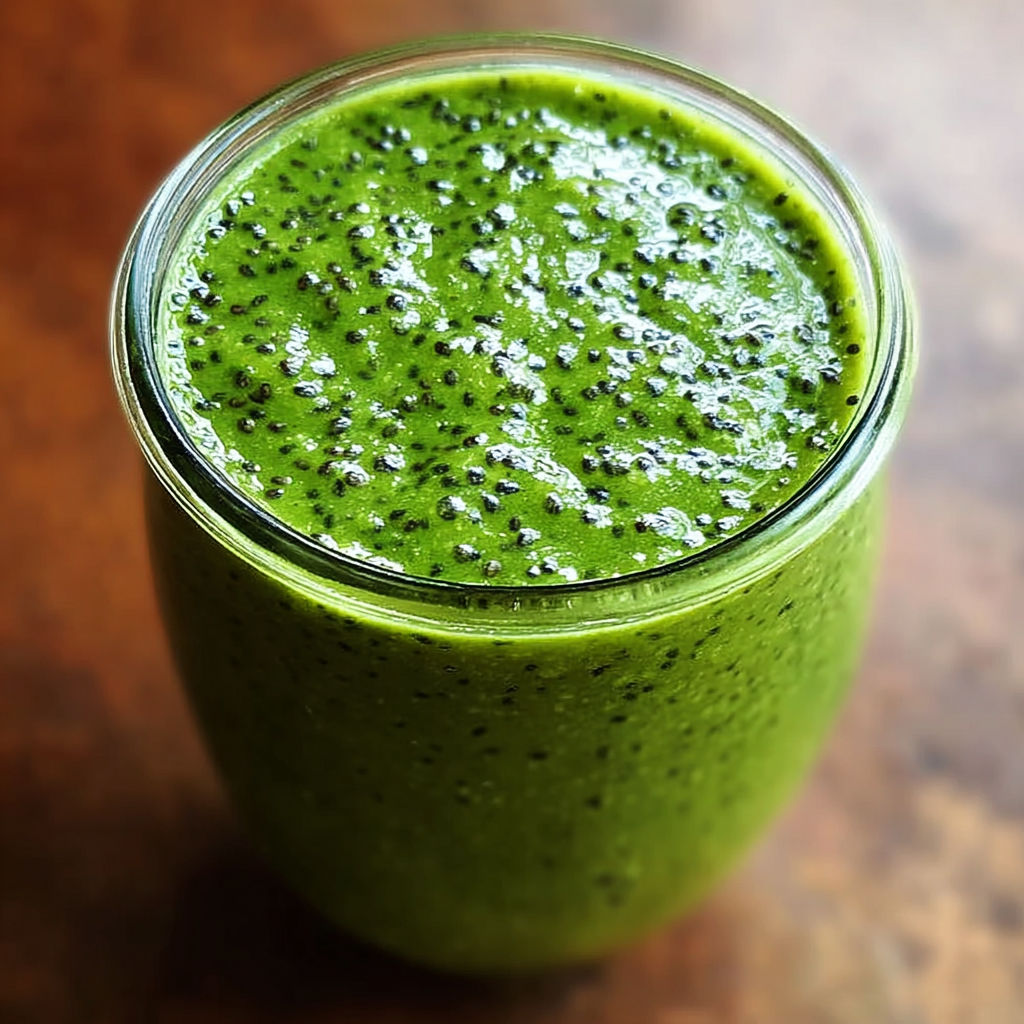 A tall glass filled with a creamy green smoothie topped with chia seeds.