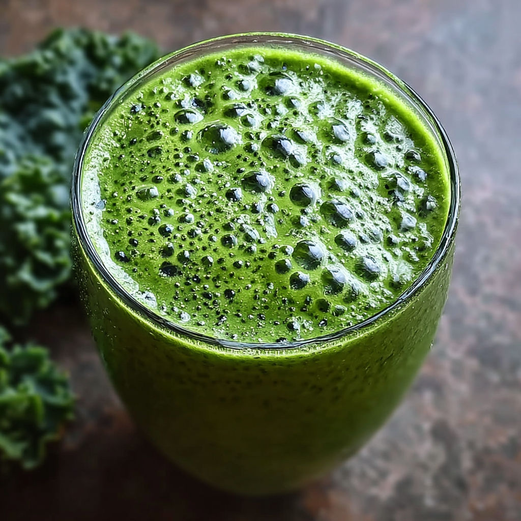 A glass of green smoothie with a green leaf on the side.