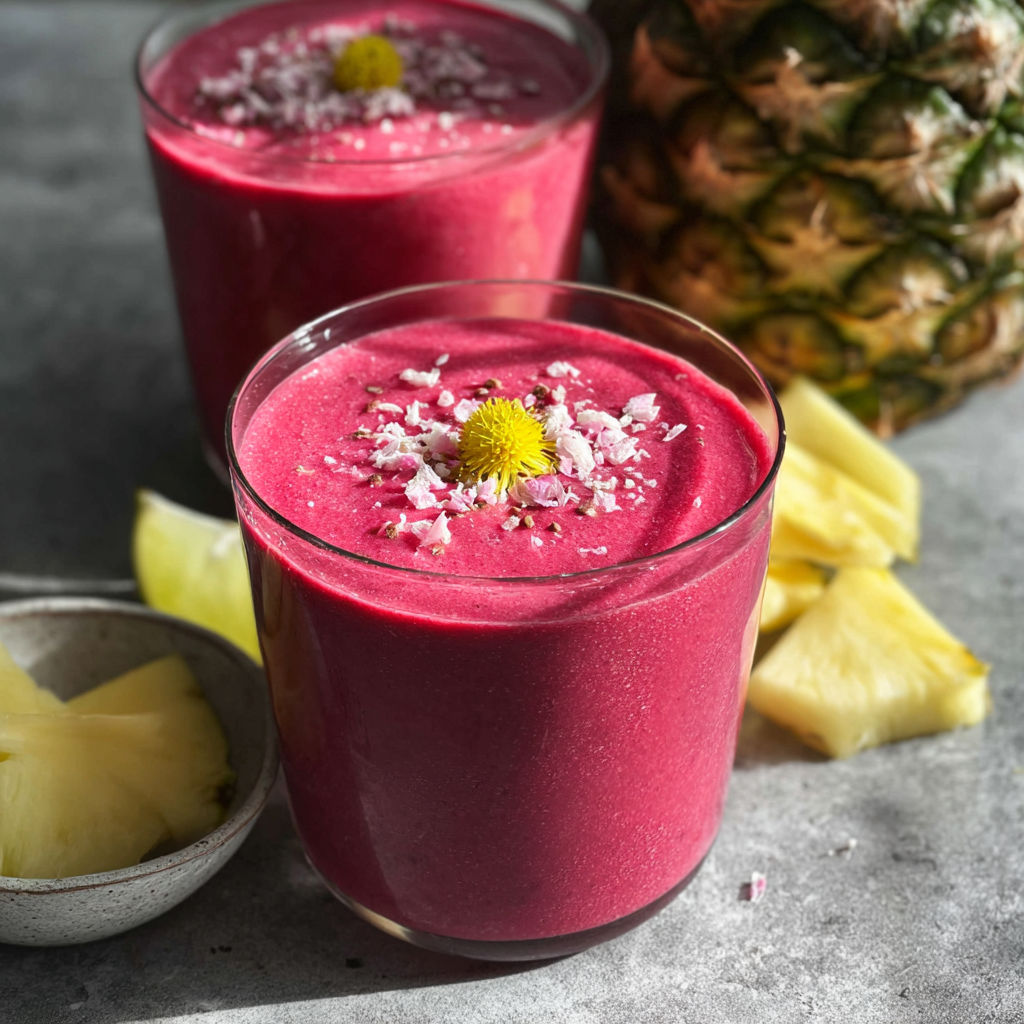 Two glasses filled with a vibrant pink drink made of beets and pineapple.