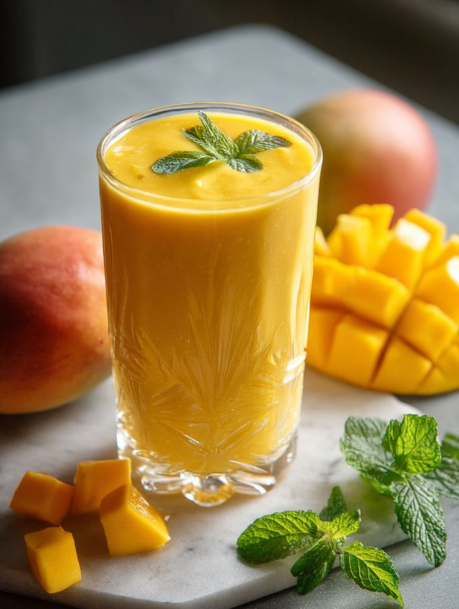 A glass filled with mango smoothie topped with a mint leaf.