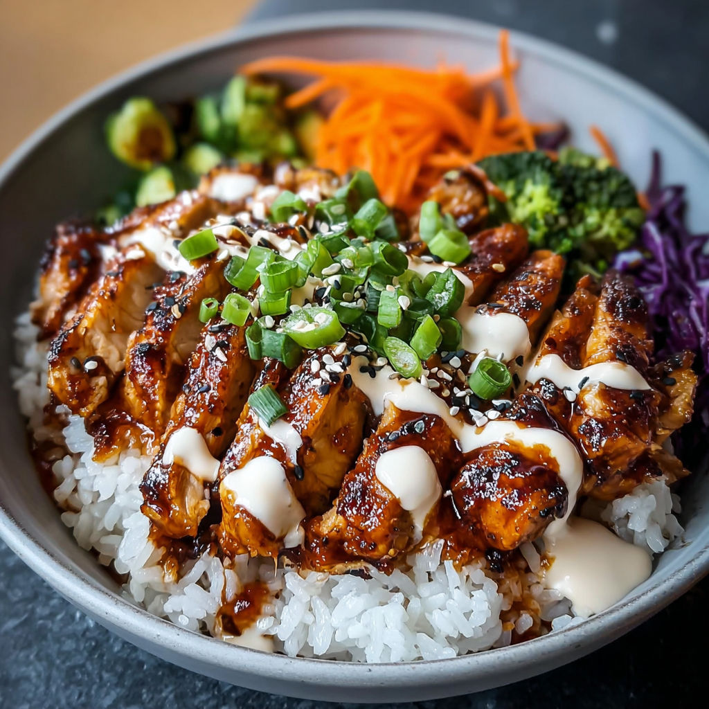 A delicious Korean BBQ chicken bowl with sauce drizzled on top.