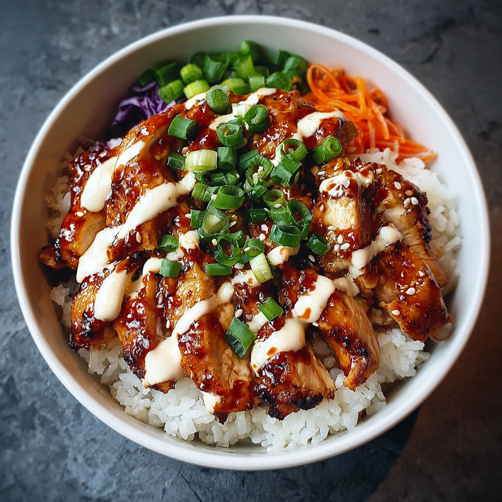 A bowl of Korean BBQ chicken with a creamy sauce.