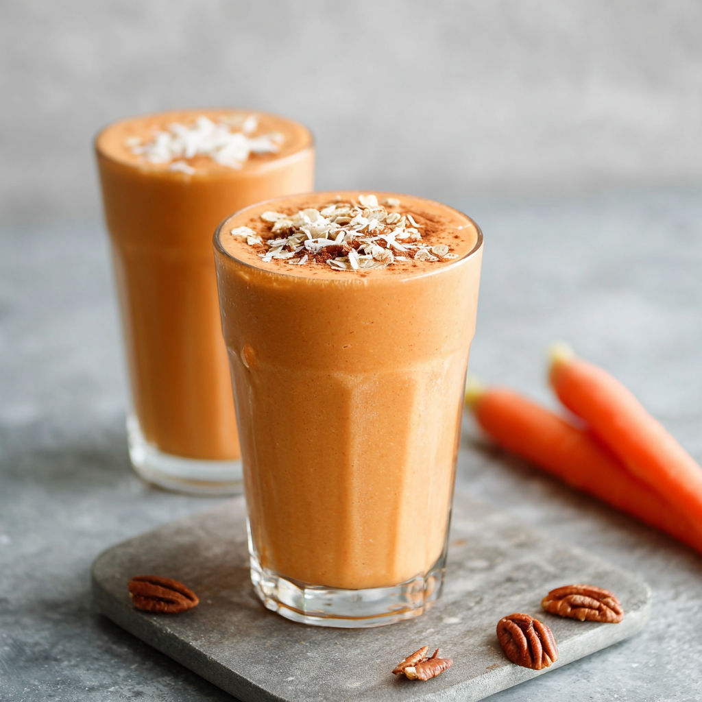 Two smooth, creamy carrot drinks in tall glasses.
