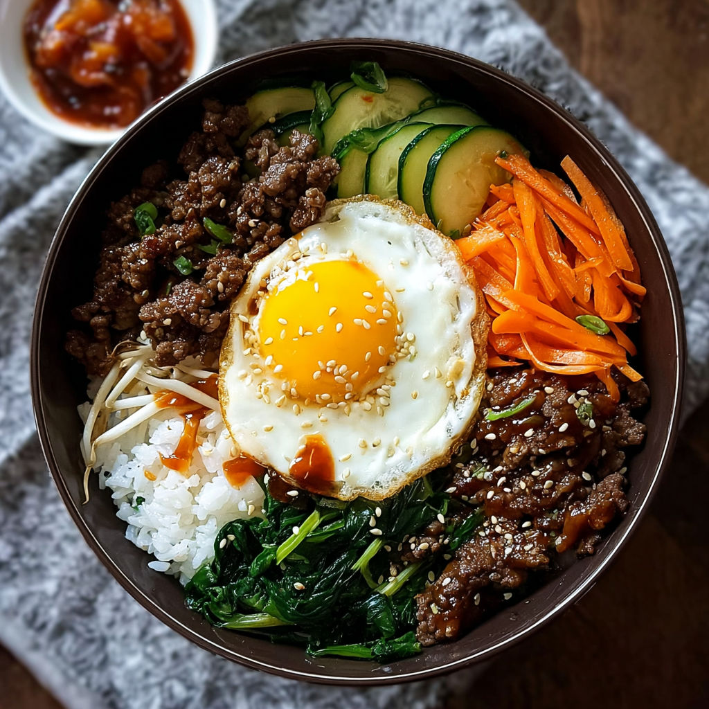 A colorful bibimbap rice bowl with beef, fresh veggies, and egg.