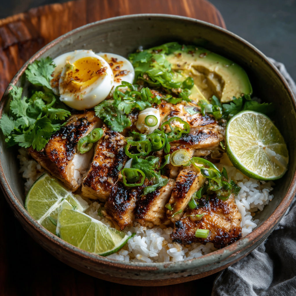 A food bowl featuring rice, chicken, and avocado.