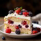 A berry-topped slice of cake.