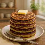 Butter-topped pancakes stacked nicely.