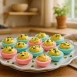 A platter of eggs topped with greens in an eye-catching display.