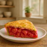 A piece of strawberry rhubarb pie with fresh strawberries on a white dish.