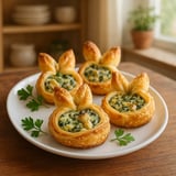 Flaky pastries with vibrant green touches on a plate.