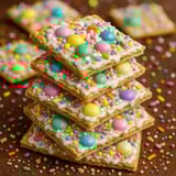 A stack of crackers with colorful toppings.