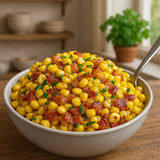 Corn and bacon in a bowl with parsley on top.