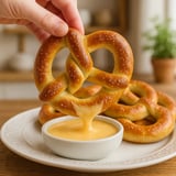 Someone holding a bite-size snack with cheese dip.