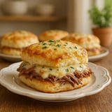 Two biscuits on a plate with meat piled on top.
